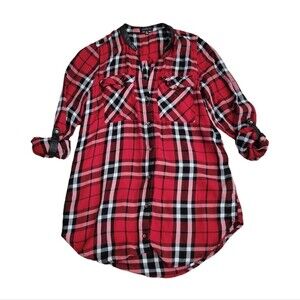 Dynamite Red Plaid Button Up S Light Academia 90s Grunge Roll Sleeve